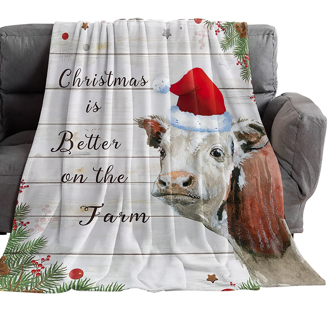 Throw Blanket, Quilt - Decorative Cow In Winter Hat With Quotes Bedroom Red Berries On Wooden Board Sherpa Fleece