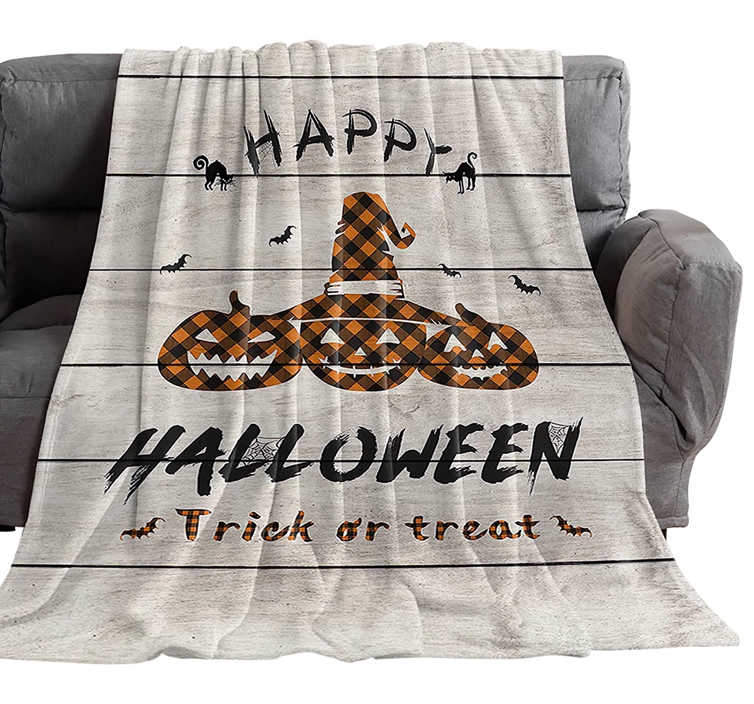 Throw Blanket, Quilt - Decorative Happy Halloween Quotes On Wooden Bedroom Orange Black Plaid Pumpkins With Witch Hat Sherpa Fleece