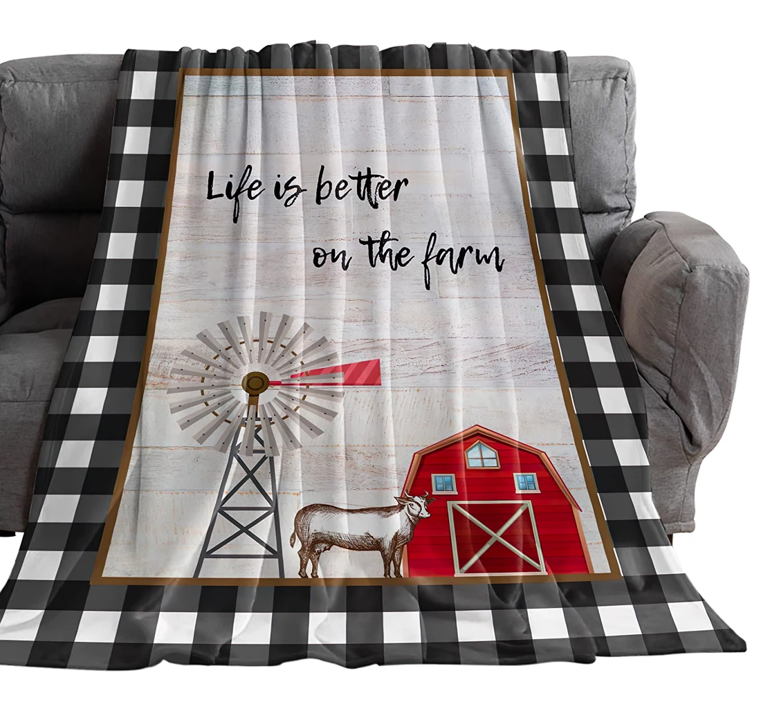 Throw Blanket, Quilt - Decorative Retro Farm Barn House Windmill Cow And Quote Bedroom Black White Buffalo Plaid Sherpa Fleece