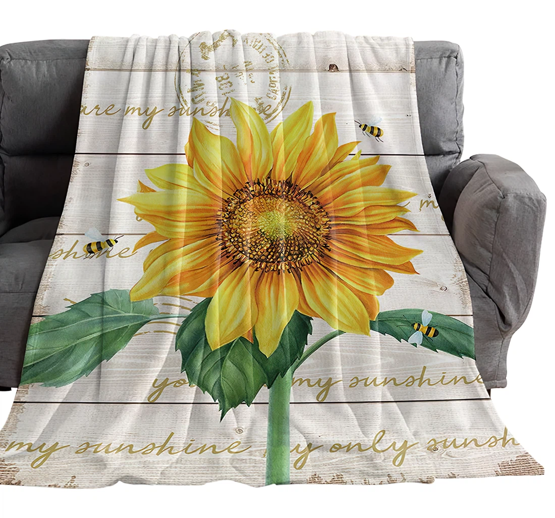 Throw Blanket, Quilt - Farm Animals Bee And Sunflowers Breathable Quotes On Wood Board Sherpa Fleece