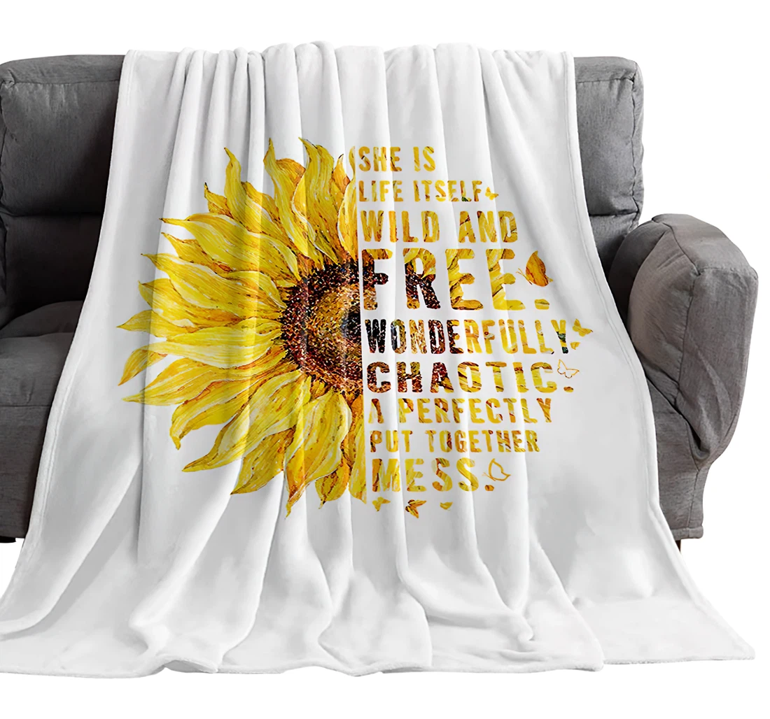 Throw Blanket, Quilt - Watercolor Farm Sunflower Quotes Breathable Spring Floral With Butterfly Sherpa Fleece