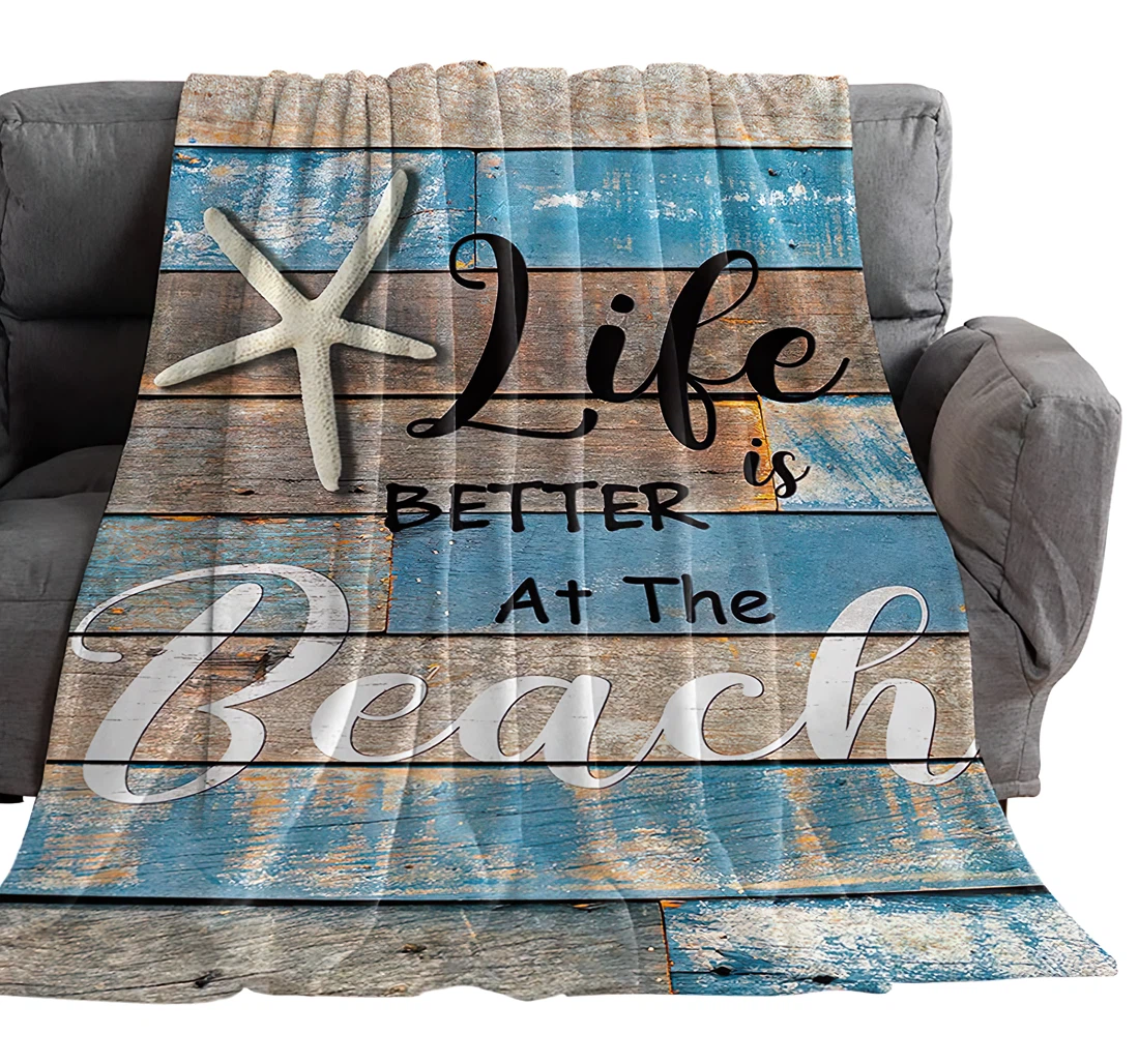 Throw Blanket, Quilt - Ocean Starfish With Quotes On Wood Plank Breathable Summer Sherpa Fleece