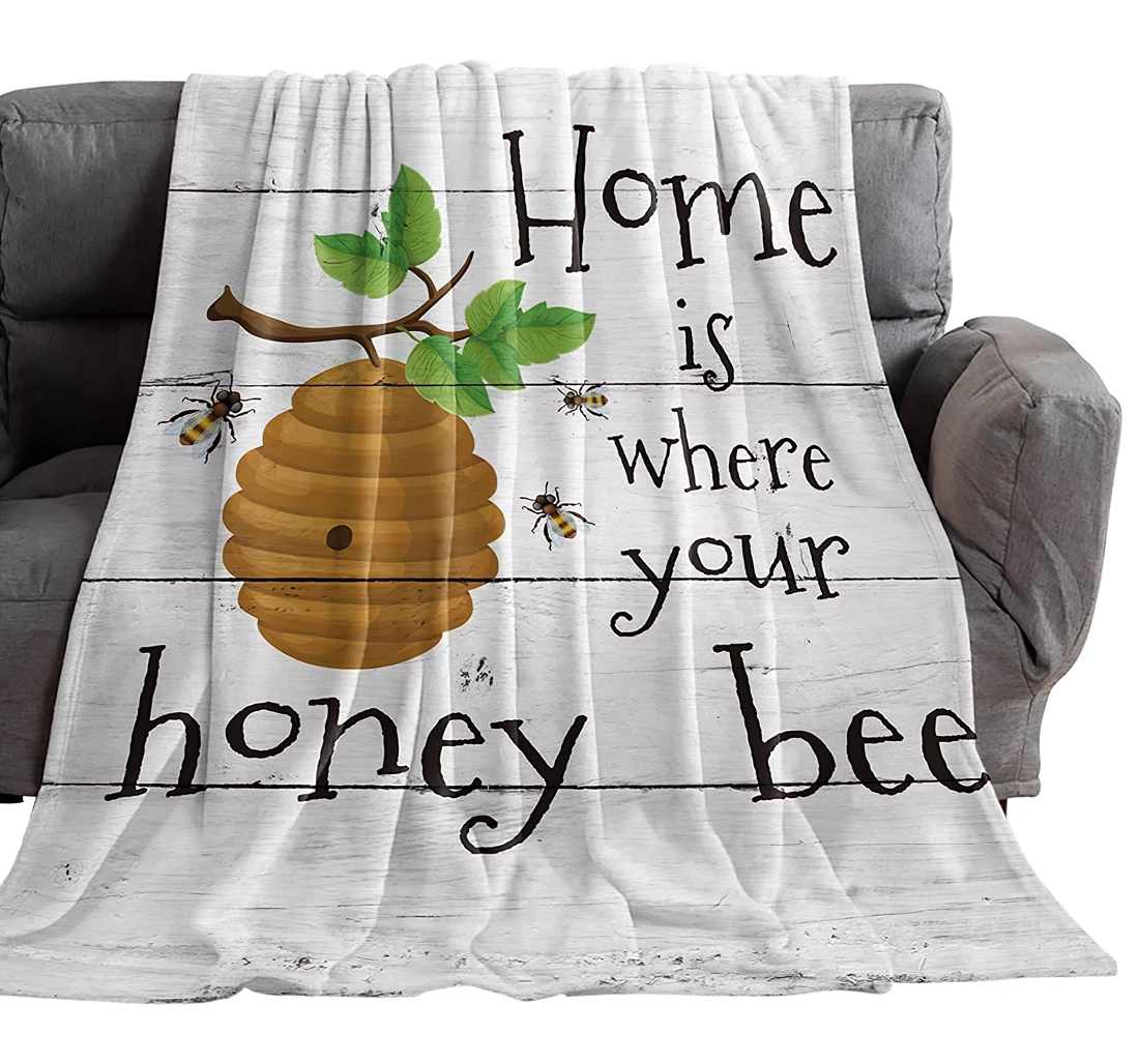 Throw Blanket, Quilt - Farm Animals Bee With Honeycomb Breathable Quotes And Sherpa Fleece