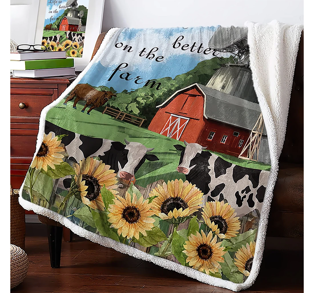 Throw Blanket, Quilt - Watercolor Autumn Farm Barn And Animals Reversible Cows Sunflowers Quotes Travel Office Sherpa Fleece