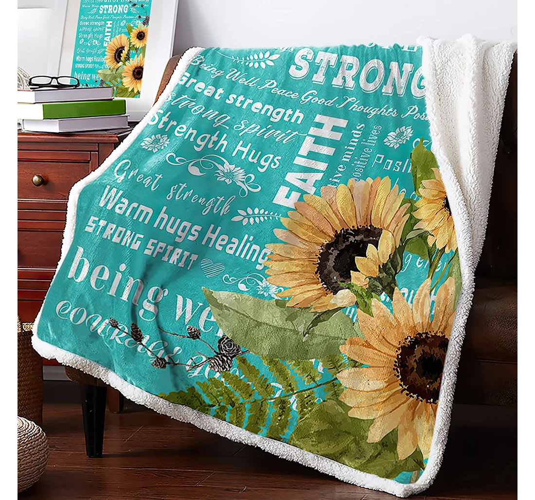 Throw Blanket, Quilt - Positive Energy Quotes And Sunflowers Reversible And Turquoise Background Travel Office Sherpa Fleece