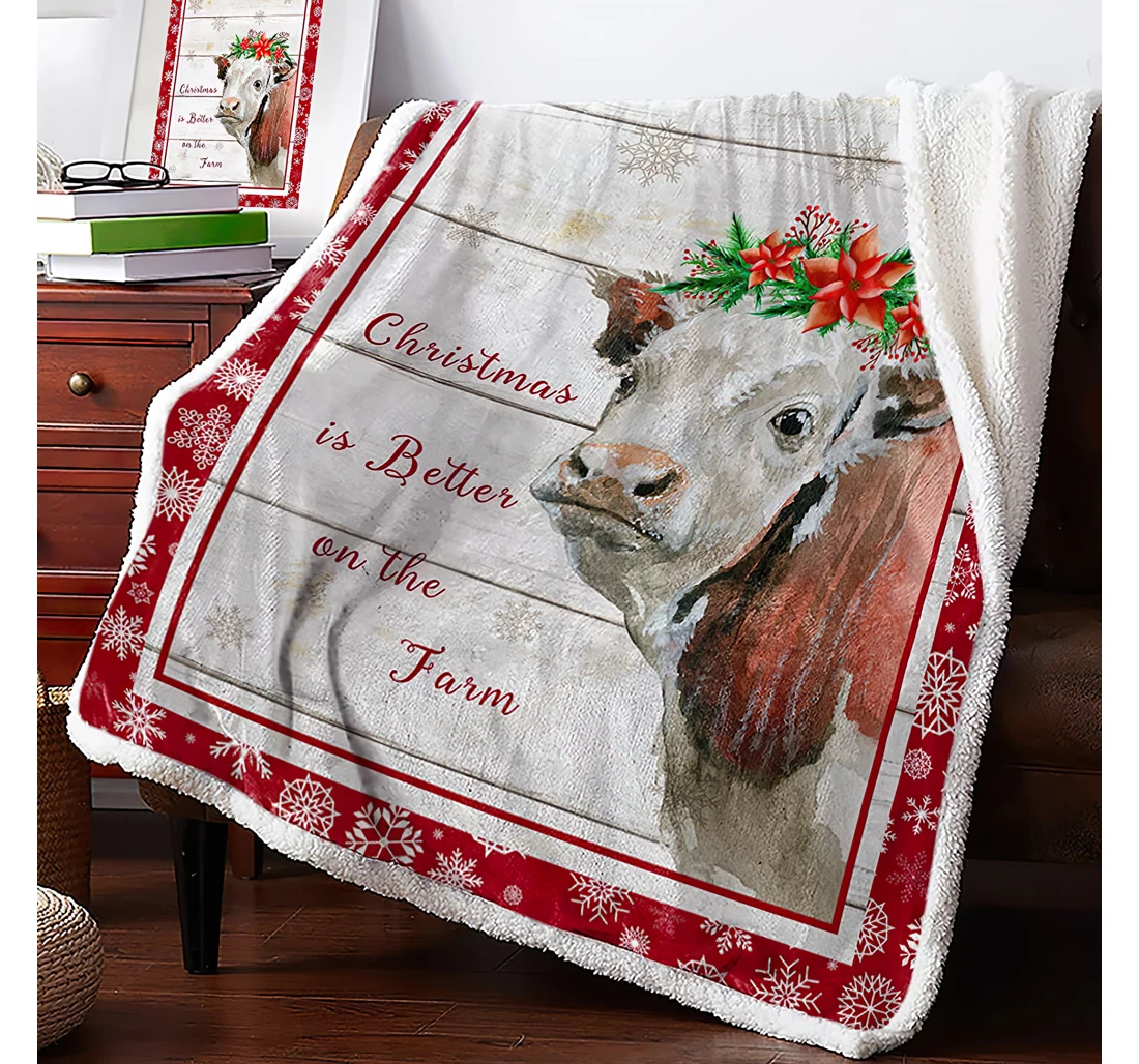 Throw Blanket, Quilt - Watercolor Cow With Berry Wreath And Quote Reversible Winter Snowflake Backdrop Travel Office Sherpa Fleece