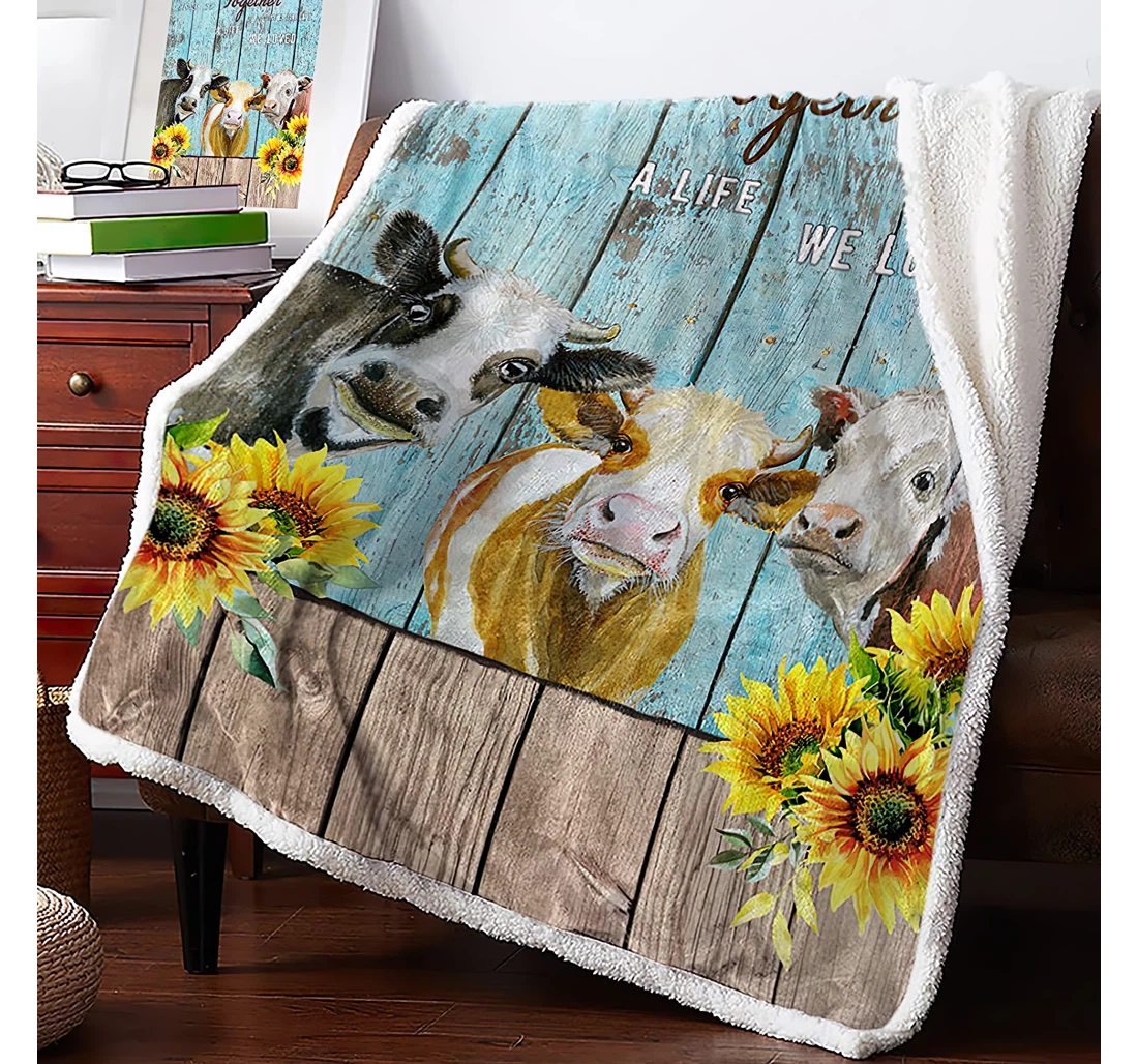 Throw Blanket, Quilt - Watercolor Cattles And Quote Reversible Rustic Sunflowers On Wooden Planks Travel Office Sherpa Fleece