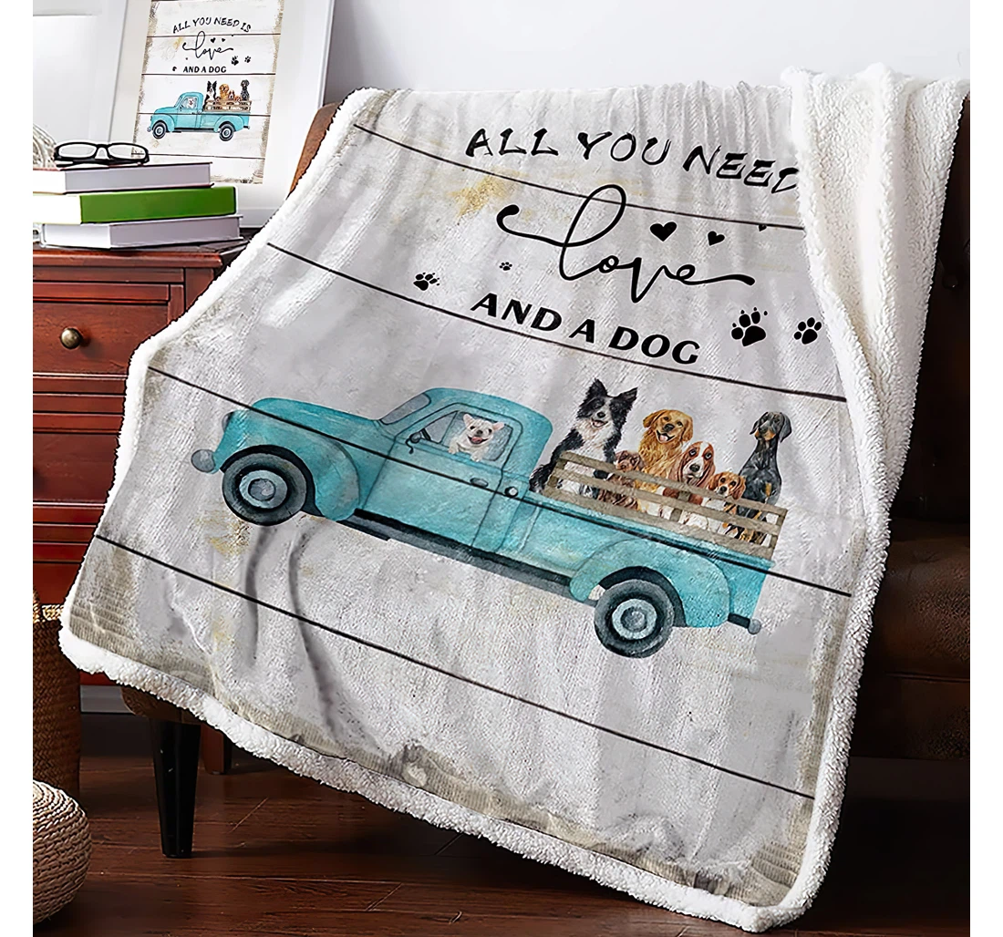 Throw Blanket, Quilt - Blue Truck With Doberman Dog And Quotes Reversible Vintage Wooden Planks Travel Office Sherpa Fleece