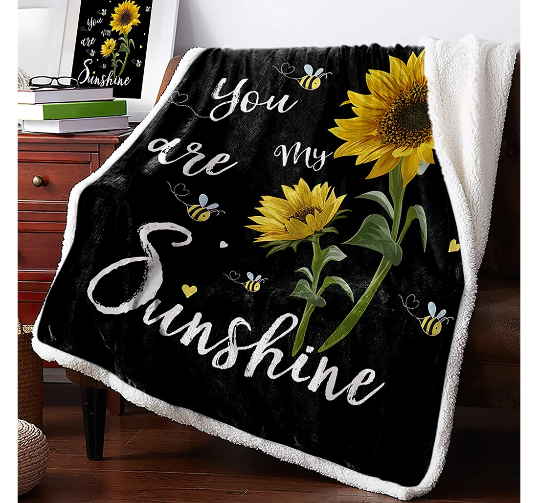 Throw Blanket, Quilt - Inspiring Quote With Bees Flying Around Sunflowers Reversible Black Backdrop Travel Office Sherpa Fleece