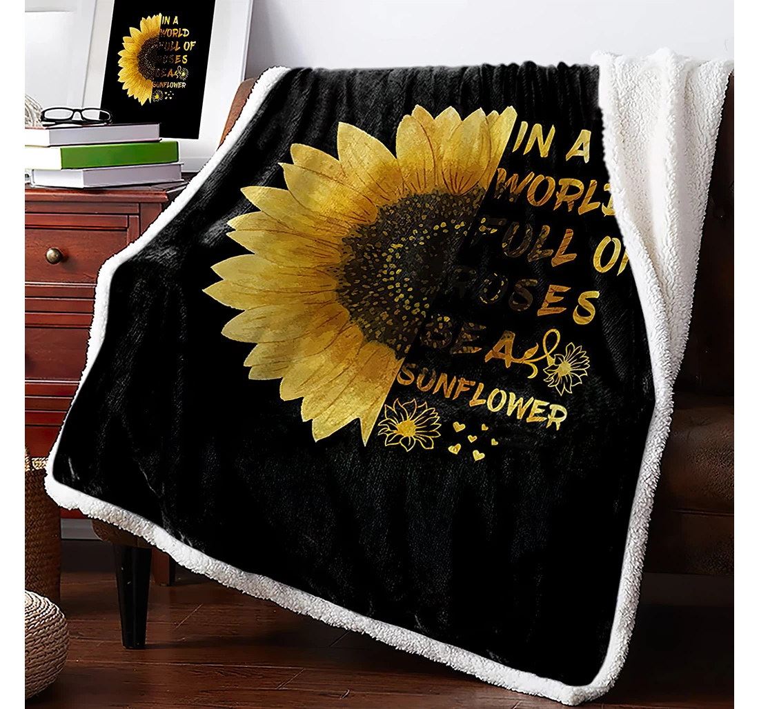 Throw Blanket, Quilt - Inspirational Quotes With Sunflowers Reversible And Cool Black Yellow Travel Office Sherpa Fleece