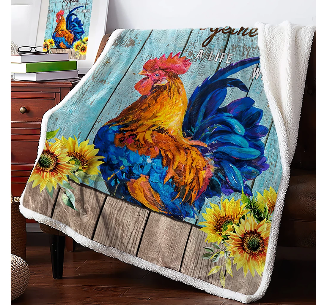 Throw Blanket, Quilt - Country Reversible Rooster Sunflower With Quote On Teal Wooden Garage Door Office Sherpa Fleece