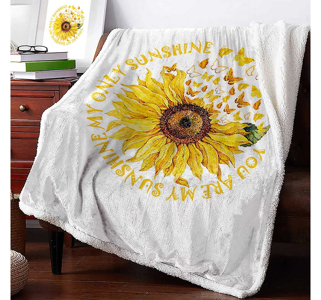 Throw Blanket, Quilt - Inspirational Quote Around Magic Butterfly Sunflower Reversible White Backdrop Travel Office Sherpa Fleece