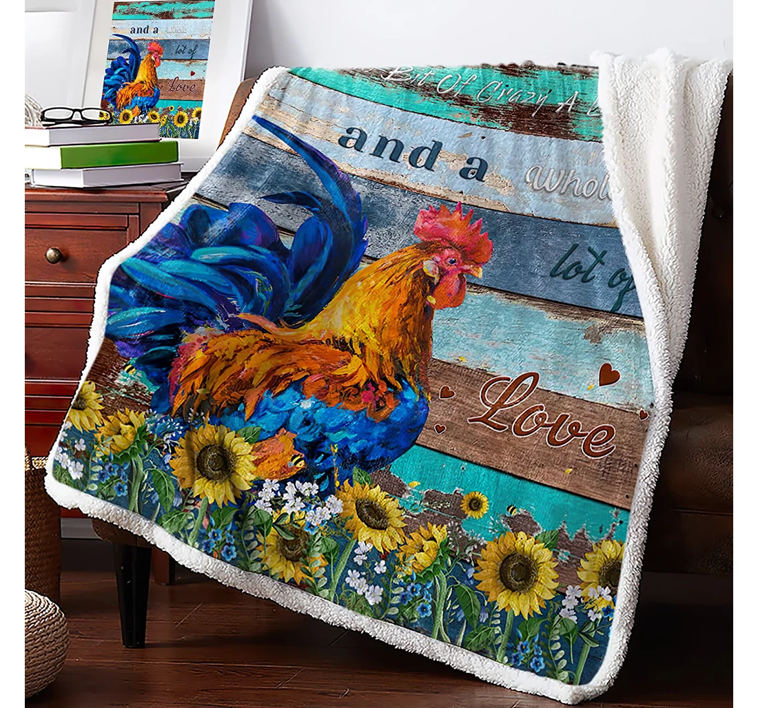 Throw Blanket, Quilt - Farm Style Old Wood Plank Background Reversible Sunflower Rooster And Quote Travel Office Sherpa Fleece