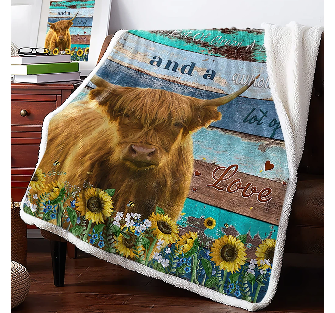 Throw Blanket, Quilt - Highland Cow And Quote Sunflower Reversible Vintage Farm Teal Wooden Planks Travel Office Sherpa Fleece