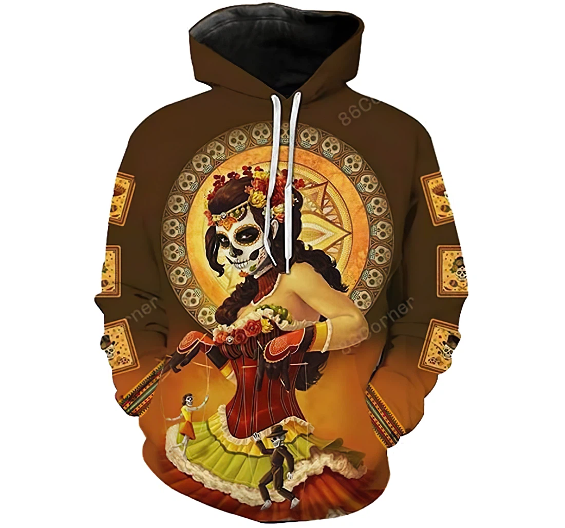 Day Of The Dead Orange Skull Girl Lightweight Premium Sportwear Up - 3D Printed Pullover Hoodie