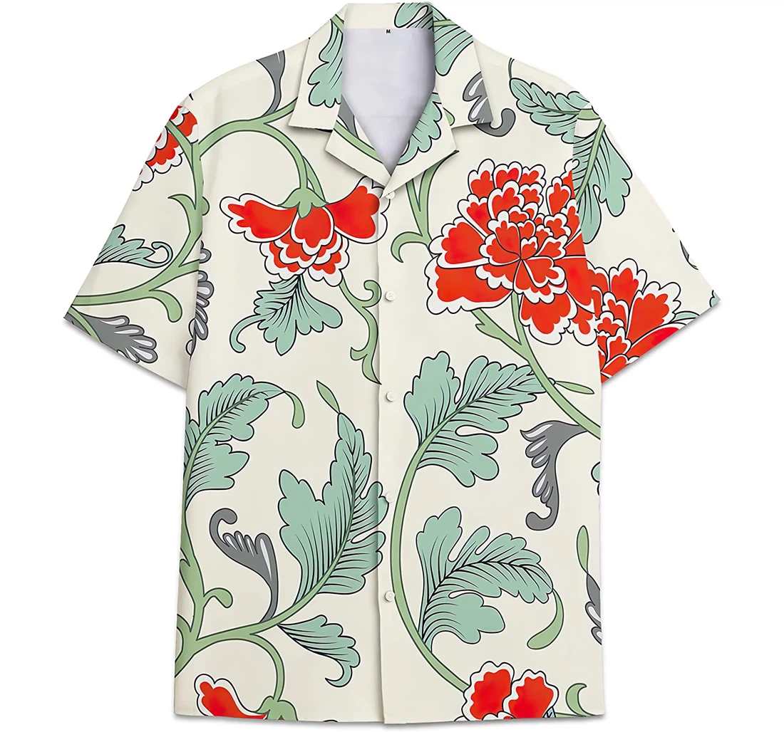 Traditional Japanese Peony Drawing Pattern Colorful Hawaiian Shirt, Button Up Aloha Shirt For Men, Women