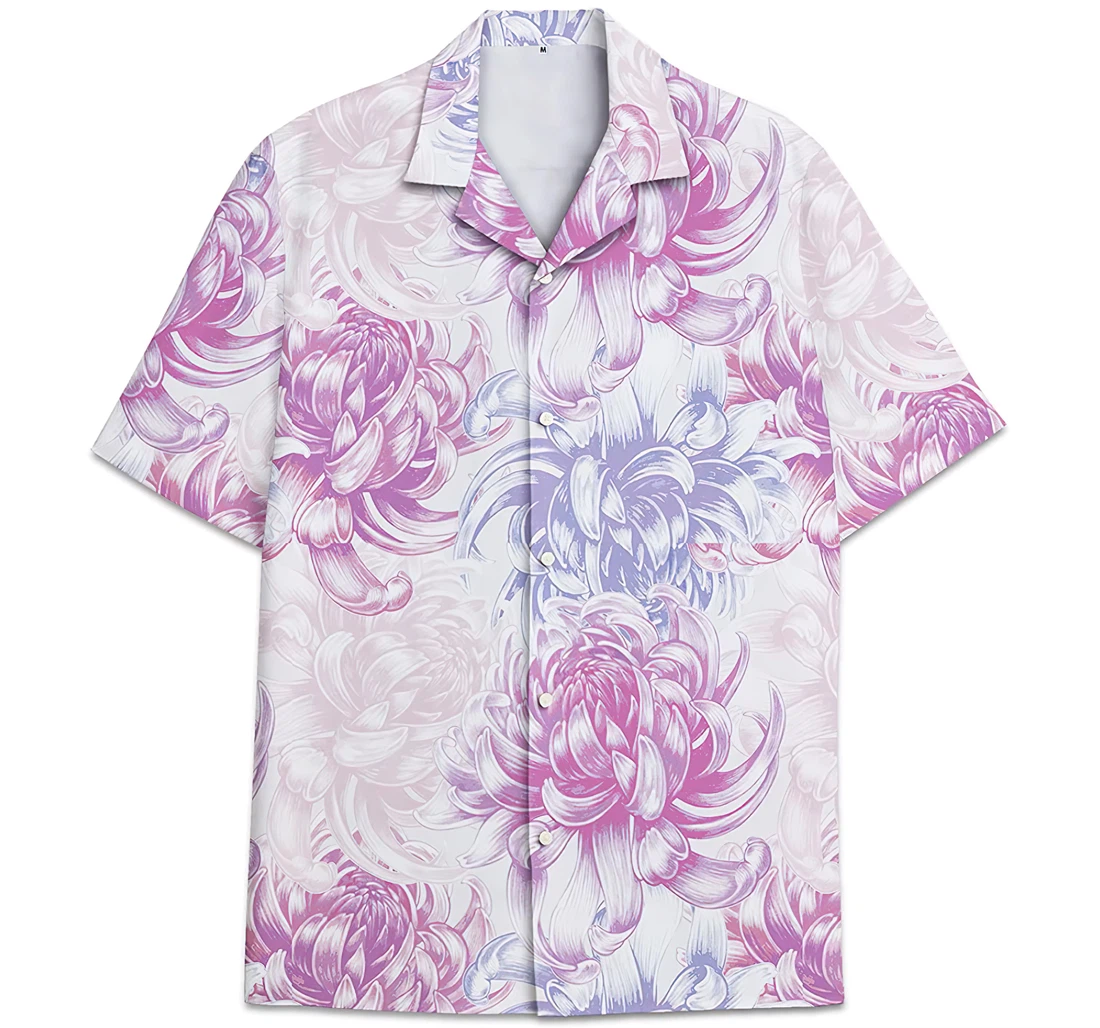 Japanese Chrysanthemum Pattern Pink Purple Floral Hawaiian Shirt, Button Up Aloha Shirt For Men, Women