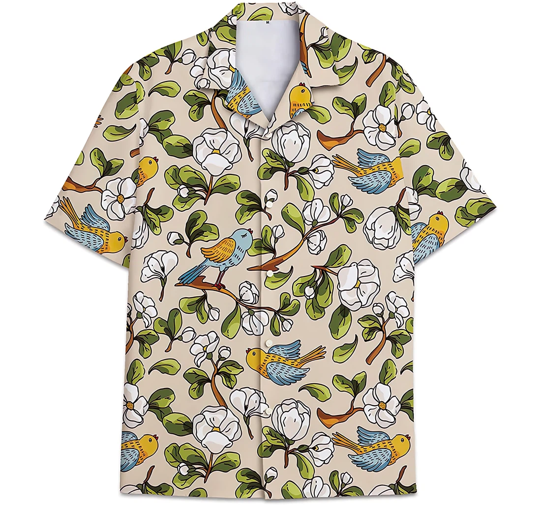Flying Bird Pattern Peach Blossom Hawaiian Shirt, Button Up Aloha Shirt For Men, Women