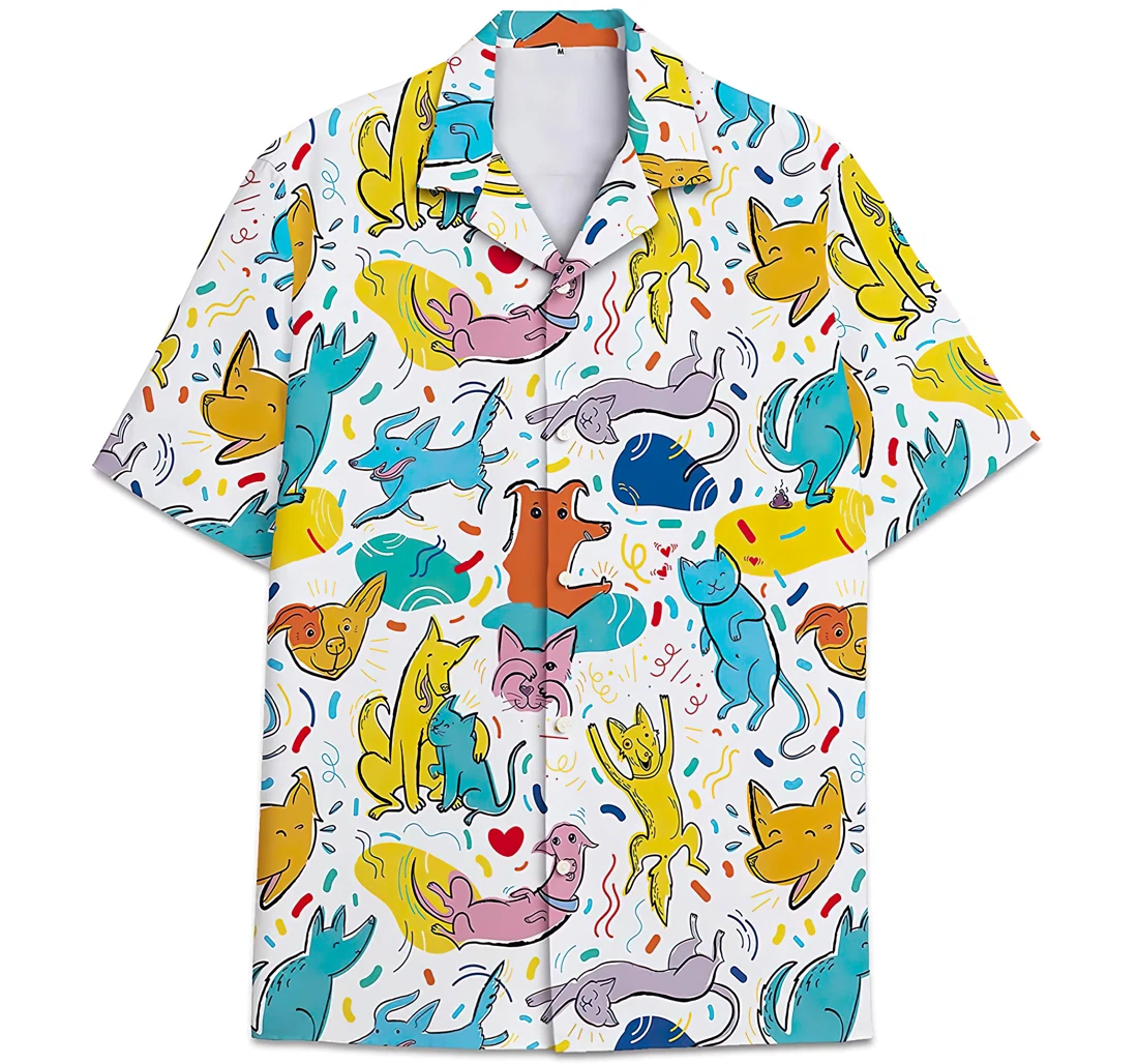 Dog And Cat Pattern Pets Hawaiian Shirt, Button Up Aloha Shirt For Men, Women