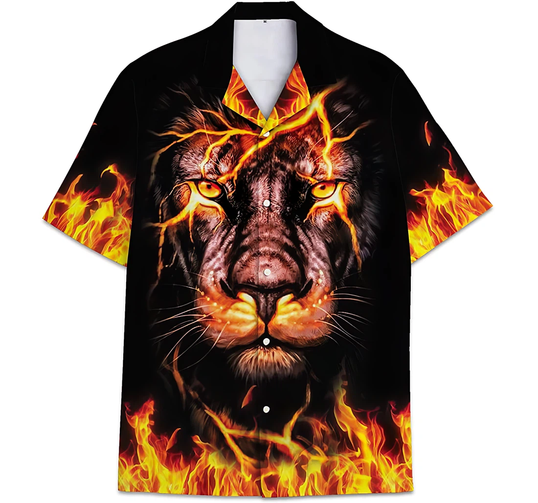 Personalized Lion Face Fire Flame Pattern Hawaiian Shirt, Button Up Aloha Shirt For Men, Women