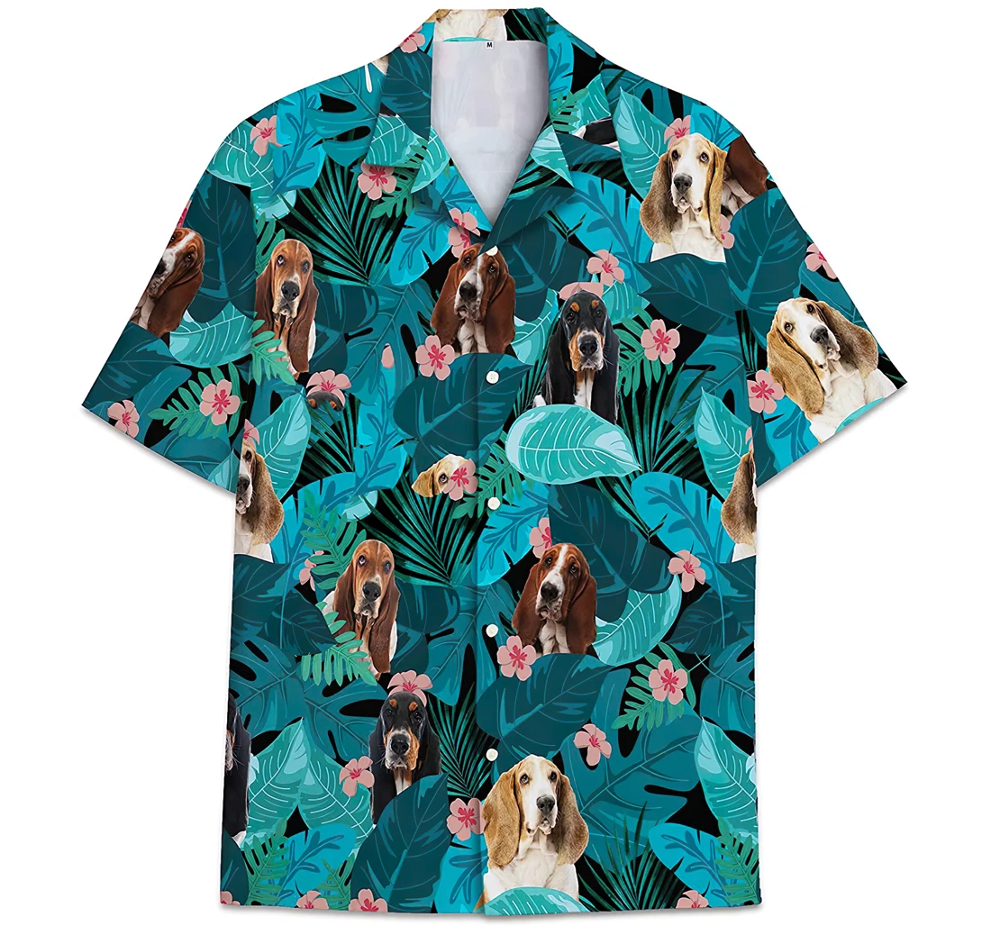 Personalized Basset Hound Dog Pattern Leaves Hawaiian Shirt, Button Up Aloha Shirt For Men, Women