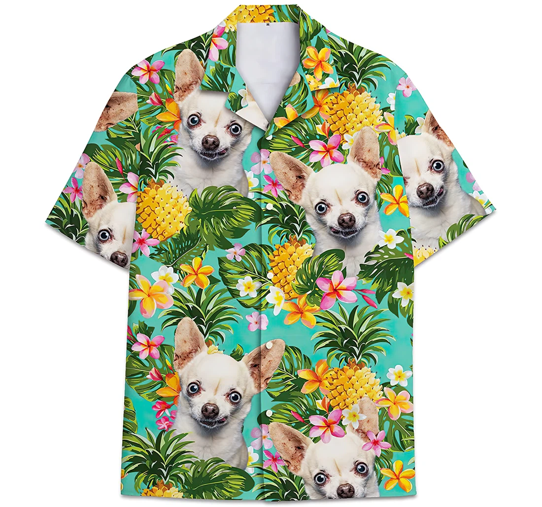 Personalized Chihuahua Dog Face Pineapple Pattern Leaves Hawaiian Shirt, Button Up Aloha Shirt For Men, Women