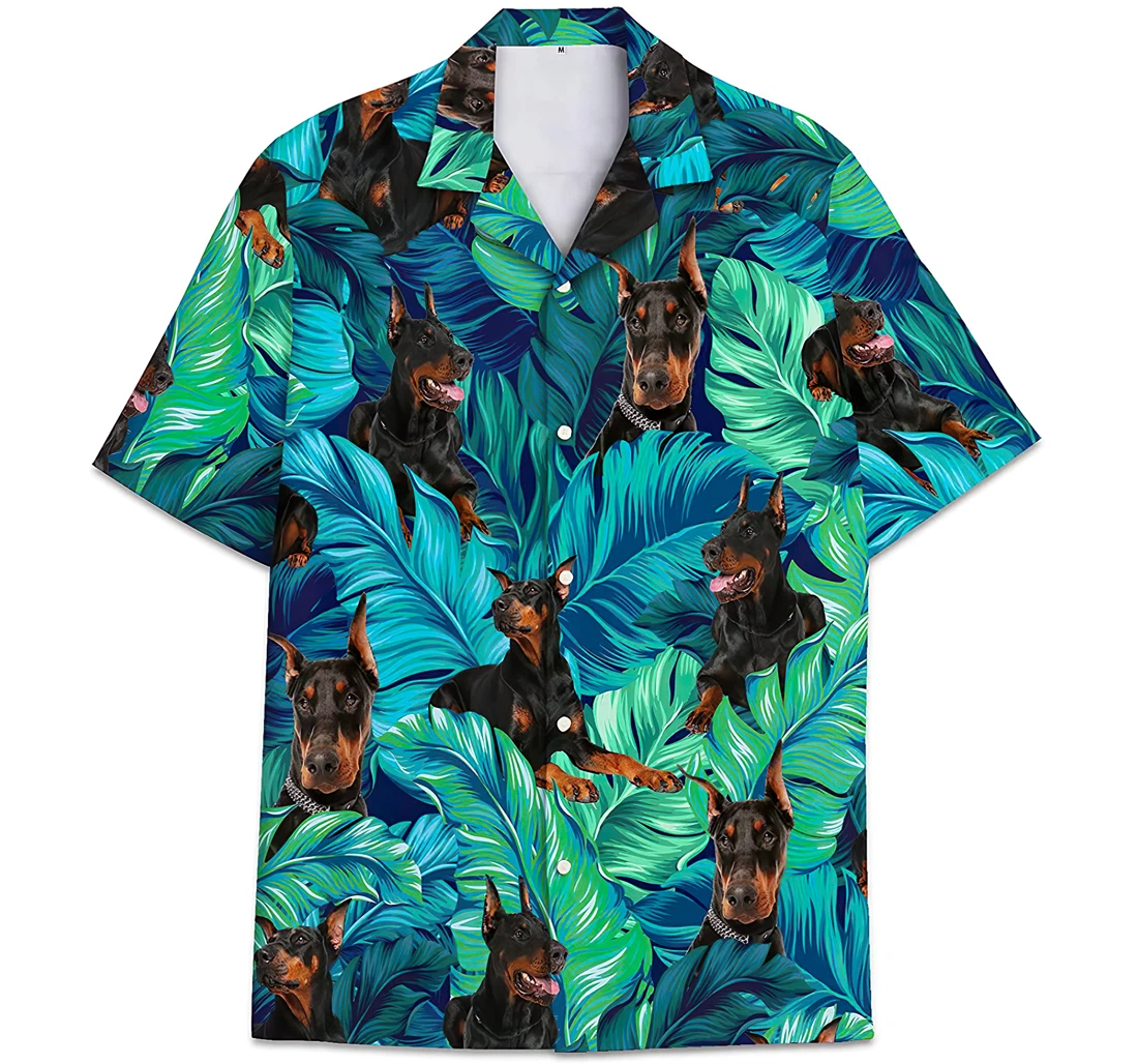 Personalized Doberman Dog Face Pattern Leaves Hawaiian Shirt, Button Up Aloha Shirt For Men, Women