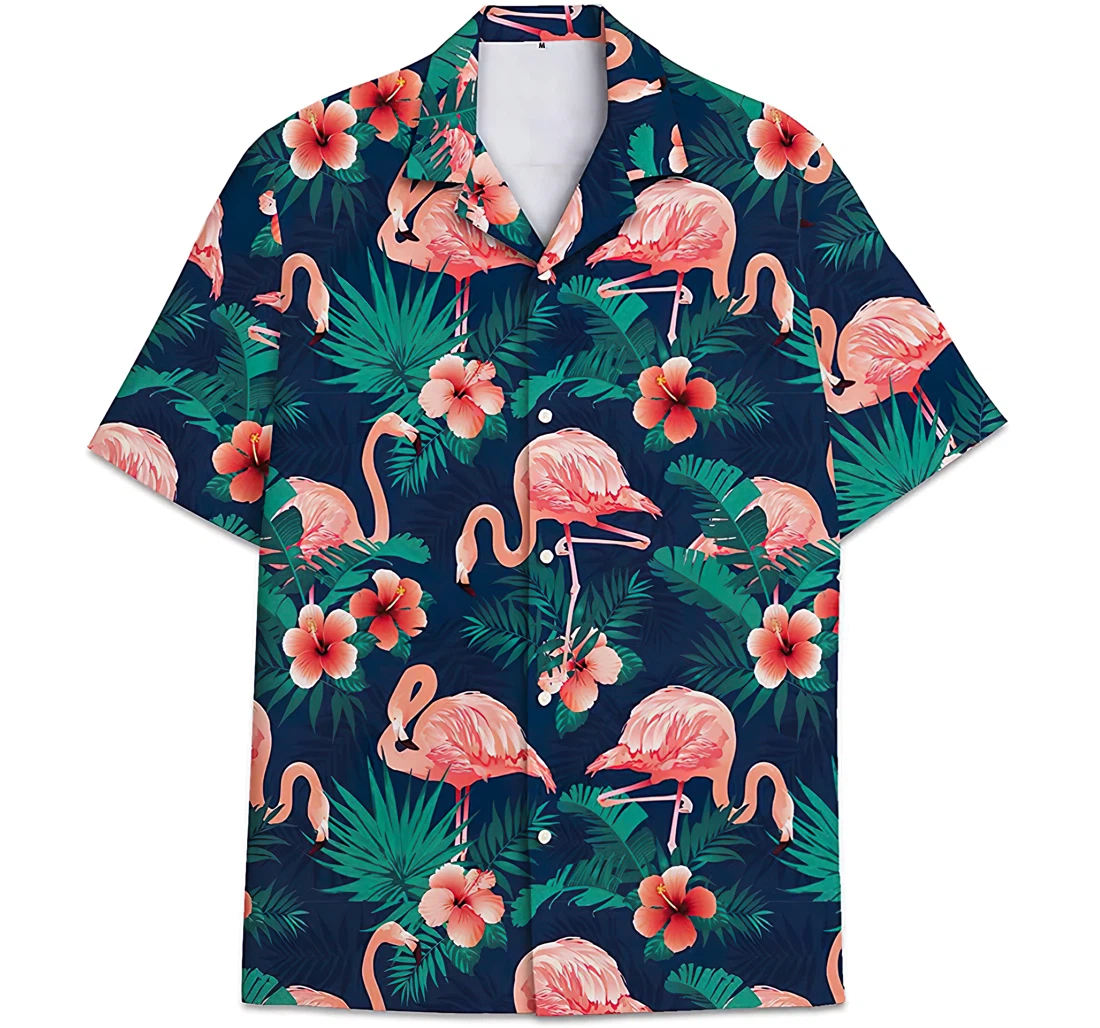 Personalized Flamingo Pattern Hibiscus Flower Green Feather Palm Leavessmall Hawaiian Shirt, Button Up Aloha Shirt For Men, Women