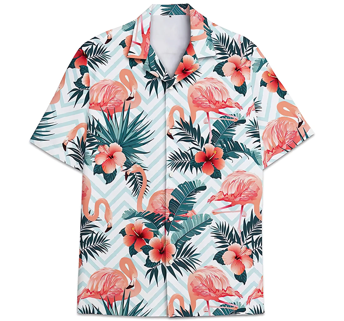 Personalized Flamingo Pattern Geometric Hibiscus Flower Fern Leavessmall Hawaiian Shirt, Button Up Aloha Shirt For Men, Women