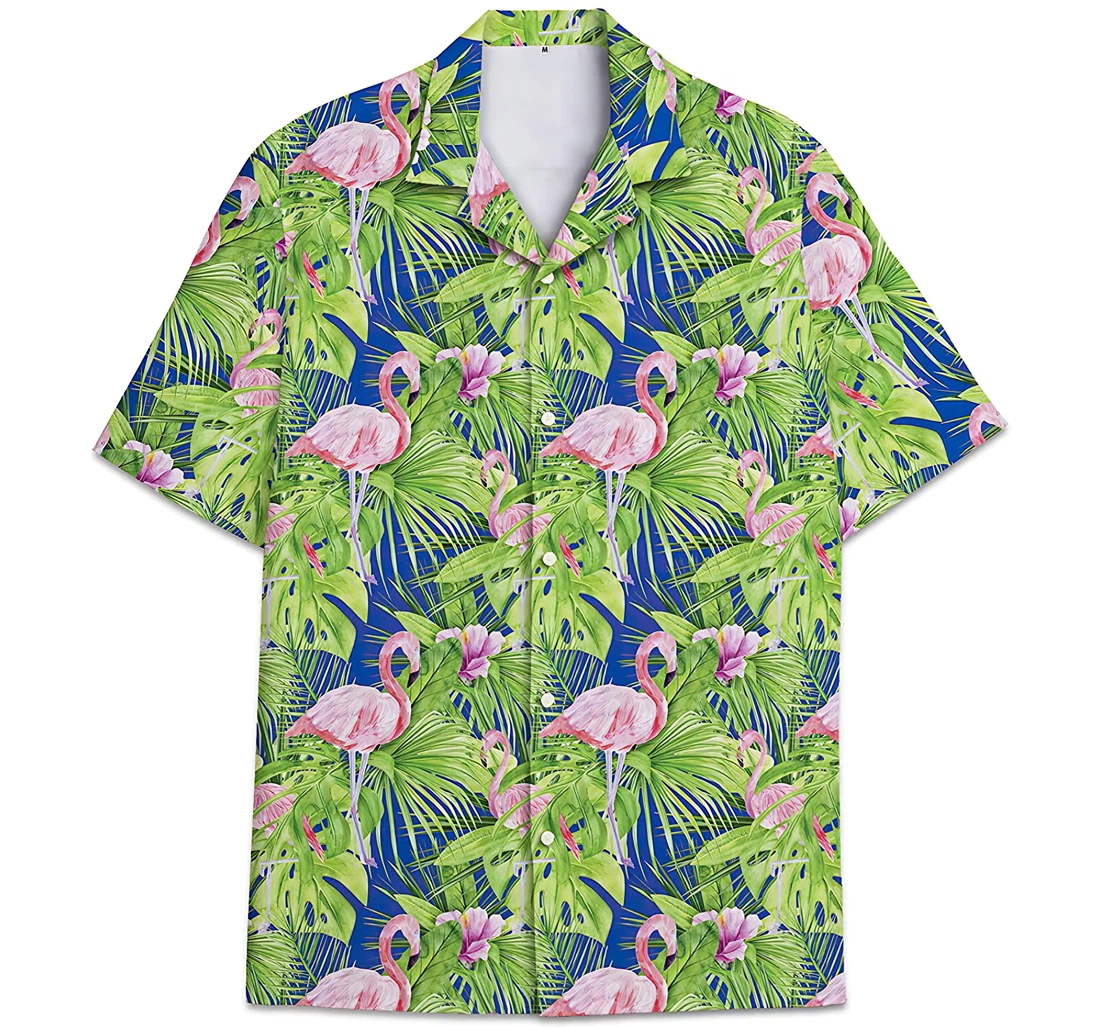 Personalized Flamingo Pattern Palm Monstera Leaves Hawaiian Shirt, Button Up Aloha Shirt For Men, Women