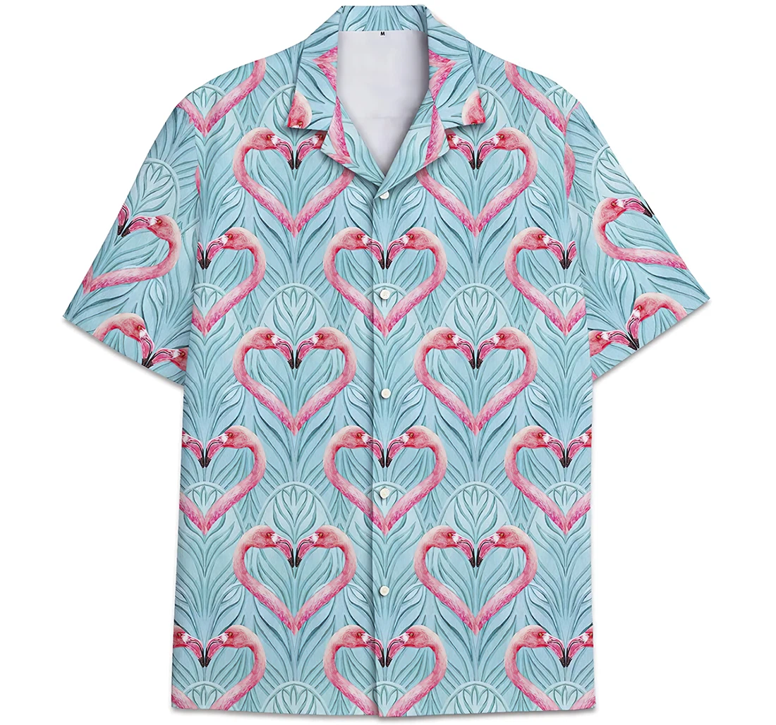 Heart Pattern Pattern Flamingo Hawaiian Shirt, Button Up Aloha Shirt For Men, Women