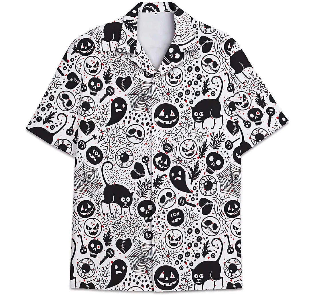 Personalized Halloween Pattern Skull Black Cat Gosh Hawaiian Shirt, Button Up Aloha Shirt For Men, Women