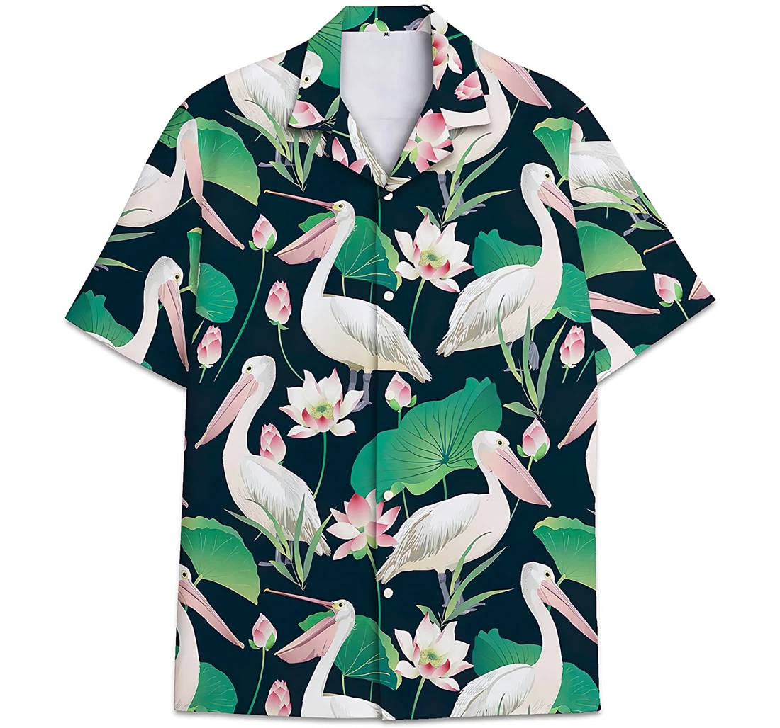 Crane Bird Pattern Lotus Leaves Hawaiian Shirt, Button Up Aloha Shirt For Men, Women