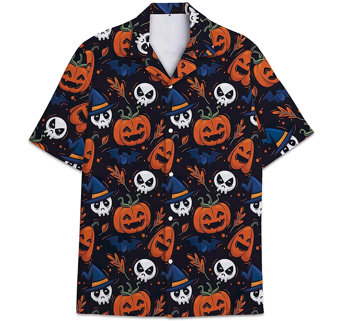 Personalized Halloween Pattern Pumpkin Skull Hawaiian Shirt, Button Up Aloha Shirt For Men, Women