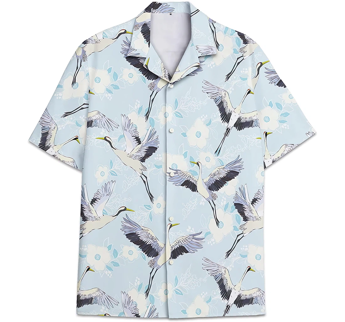 Crane Bird Pattern Leaves Hawaiian Shirt, Button Up Aloha Shirt For Men, Women