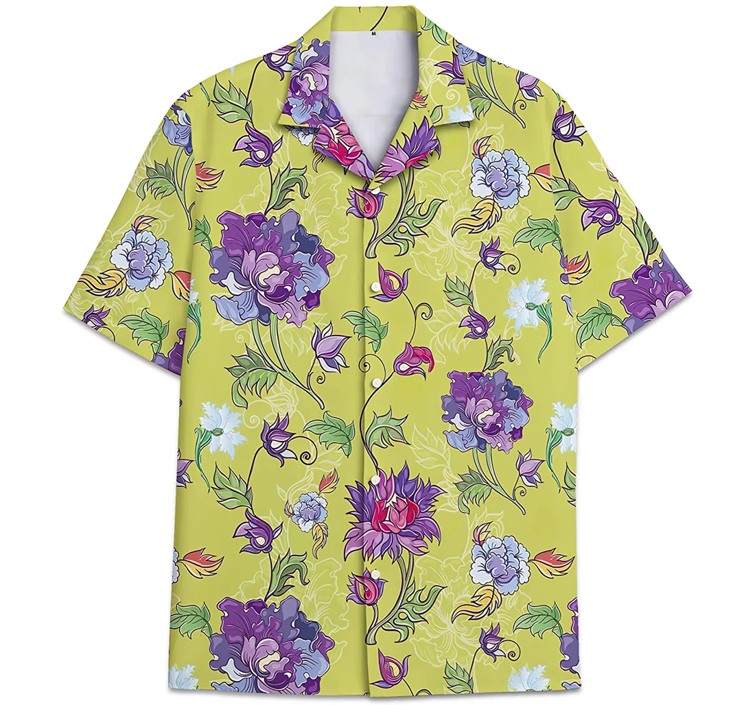 Personalized Leaves Pattern Purple Yellow Hawaiian Shirt, Button Up Aloha Shirt For Men, Women