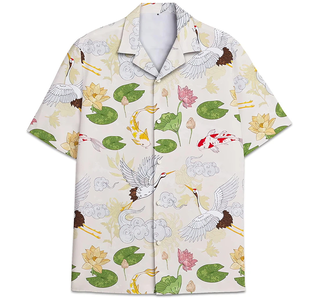 Personalized Crane Bird Pattern Lotus Leaves Hawaiian Shirt, Button Up Aloha Shirt For Men, Women
