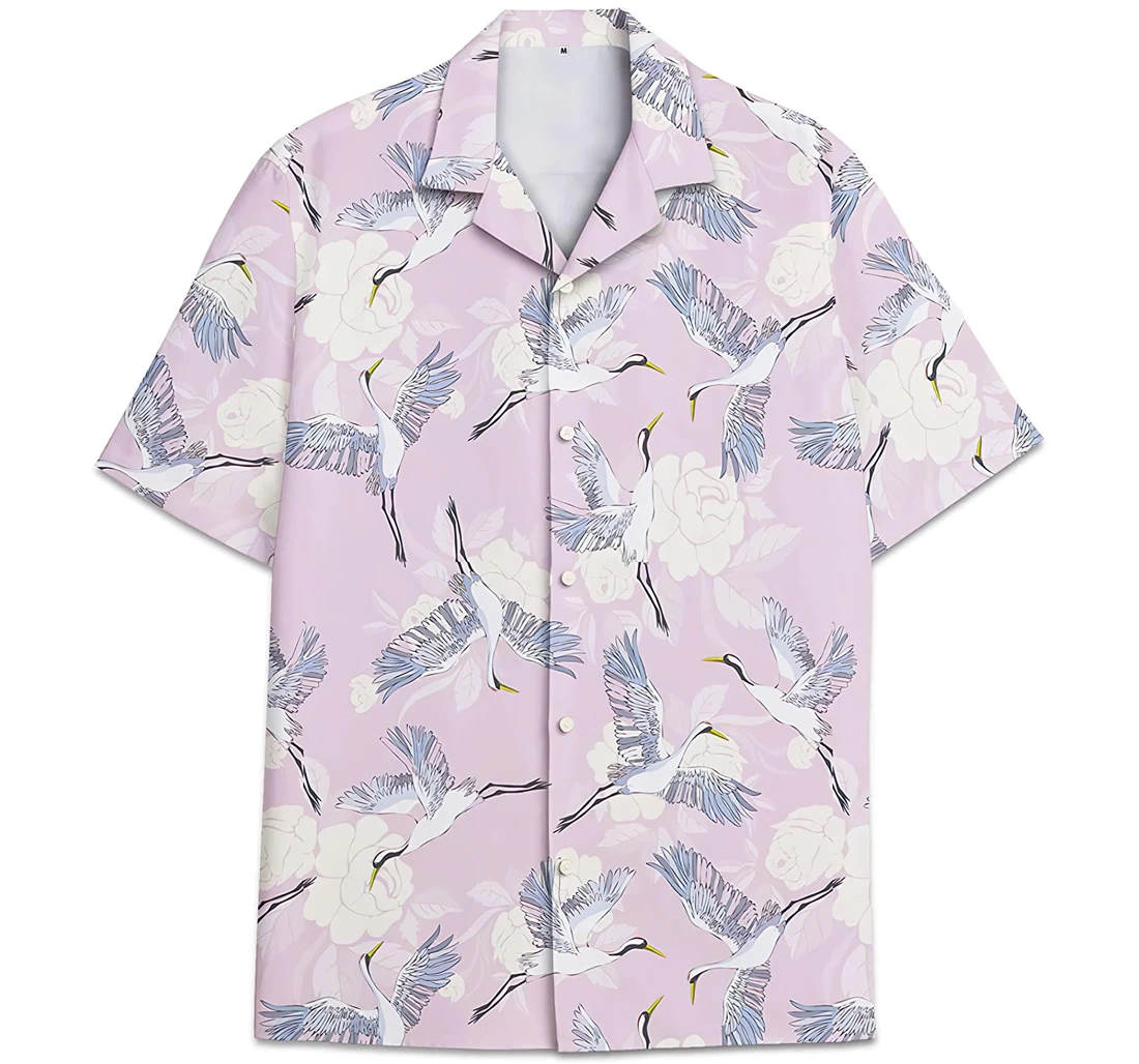 Personalized Crane Bird Pattern Lotus Hawaiian Shirt, Button Up Aloha Shirt For Men, Women
