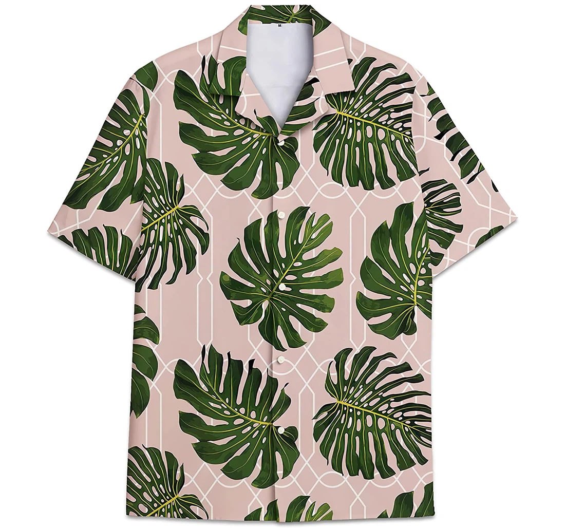 Personalized Geometric Line Art Pattern Monstera Leaves Hawaiian Shirt, Button Up Aloha Shirt For Men, Women
