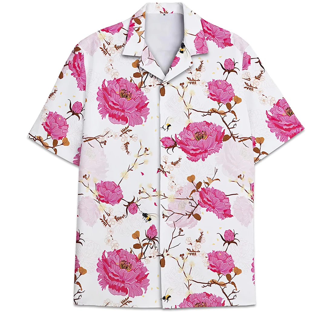 Personalized Pink Flower Pattern Hawaiian Shirt, Button Up Aloha Shirt For Men, Women