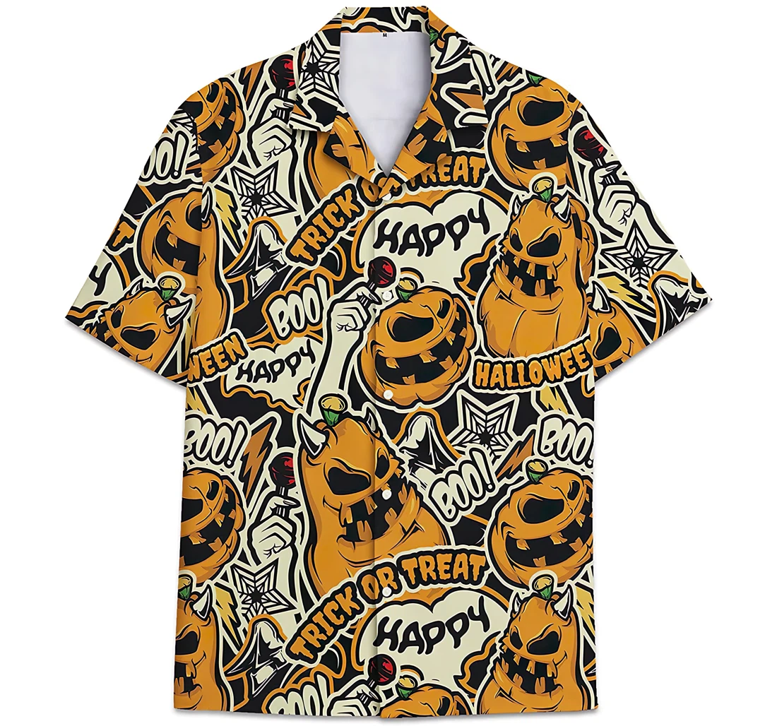 Personalized Halloween Pattern Trick Or Treat Orange Hawaiian Shirt, Button Up Aloha Shirt For Men, Women