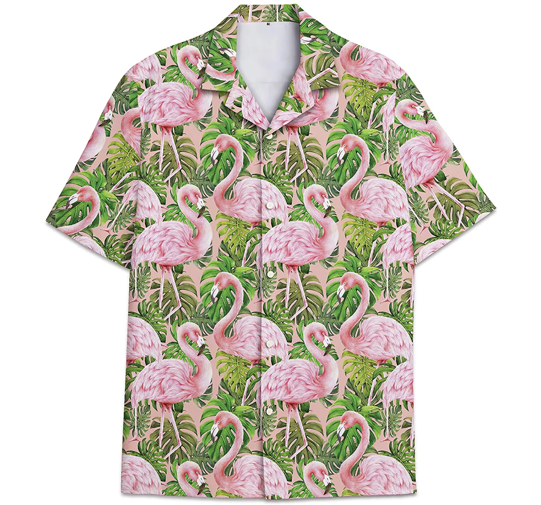 Personalized Flamingo Pattern Monstera Leaves Hawaiian Shirt, Button Up Aloha Shirt For Men, Women