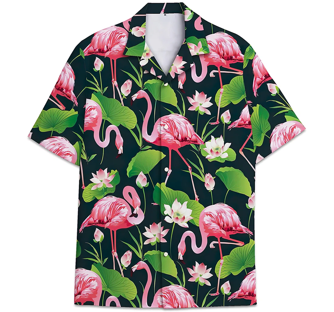 Personalized Flamingo Pattern Lotus Pink Green Hawaiian Shirt, Button Up Aloha Shirt For Men, Women