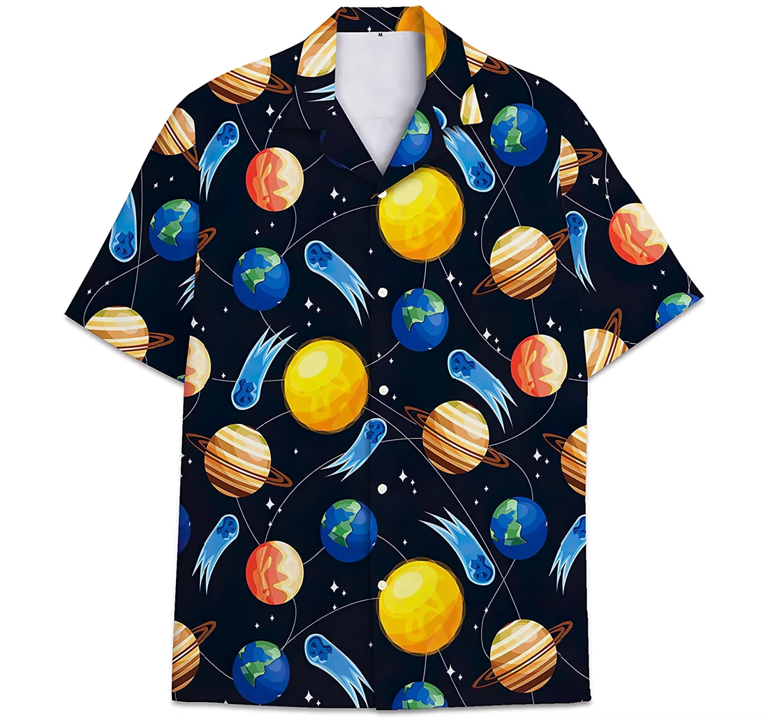 Outer Space Pattern Solar System Planet Hawaiian Shirt, Button Up Aloha Shirt For Men, Women