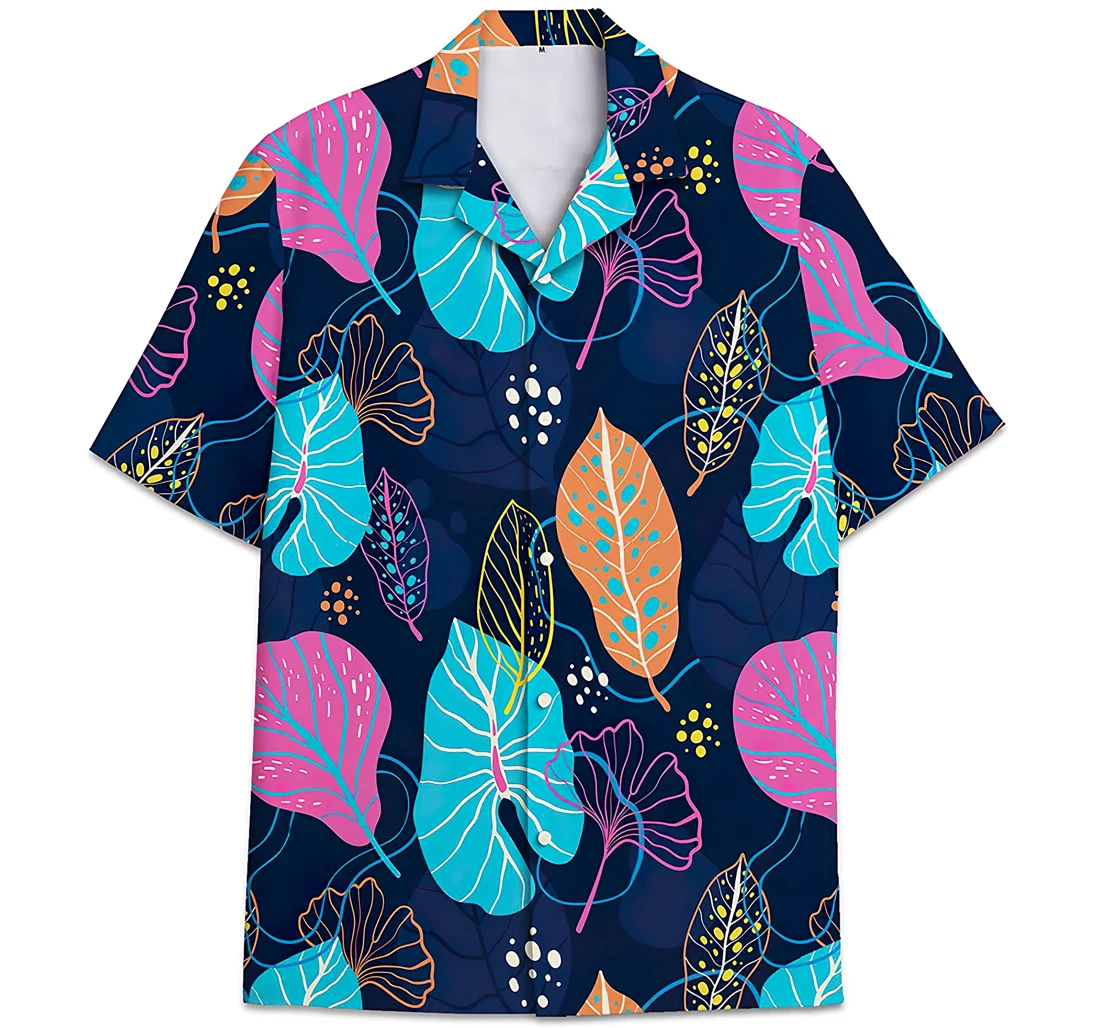 Personalized Monstera Leaves Pattern Colorful Line Art Hawaiian Shirt, Button Up Aloha Shirt For Men, Women