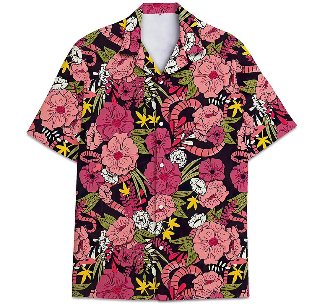 Personalized Leaves Pattern Red Pink Flower Hawaiian Shirt, Button Up Aloha Shirt For Men, Women