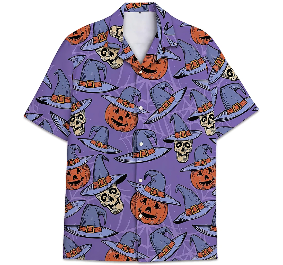 Halloween Pattern Pumpkin Skull Hawaiian Shirt, Button Up Aloha Shirt For Men, Women