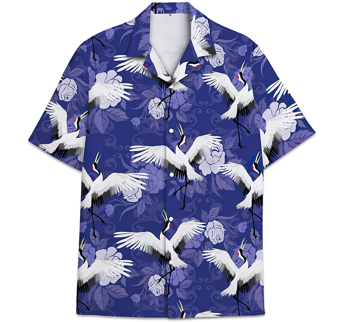 Crane Bird Pattern Leaves Hawaiian Shirt, Button Up Aloha Shirt For Men, Women