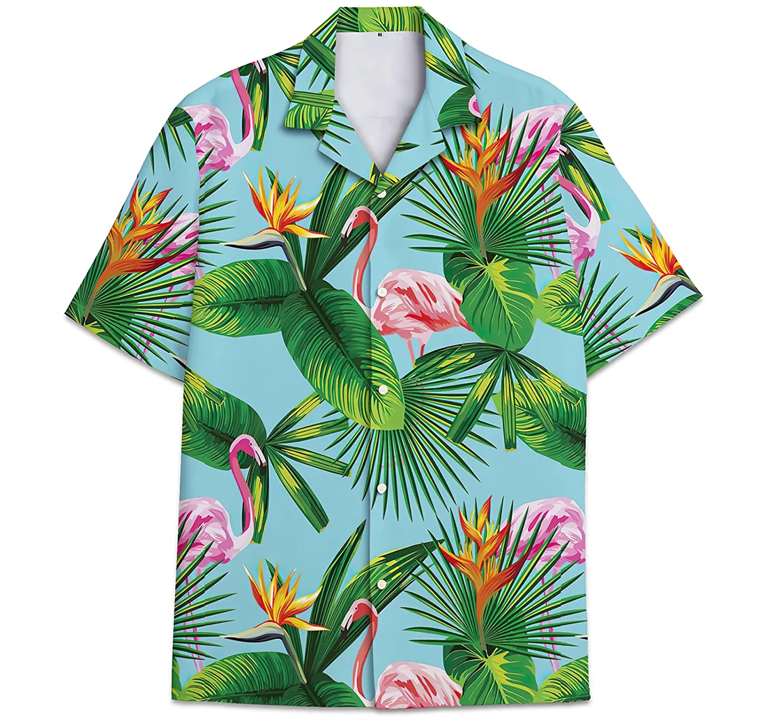 Personalized Flamingo Pattern Strelitzia Reginae Palm Leaves Hawaiian Shirt, Button Up Aloha Shirt For Men, Women
