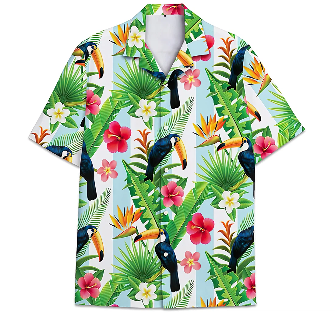 Toco Toucan Pattern Strelitzia Reginae Leaves Hawaiian Shirt, Button Up Aloha Shirt For Men, Women